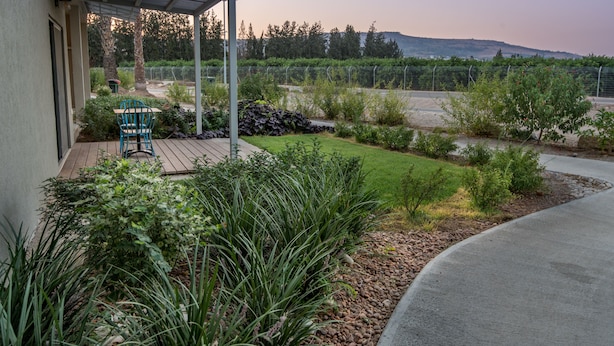 Un patio cubierto con mesa y sillas, rodeado de un jardín ajardinado con diversas plantas y vistas a un viñedo al fondo.
