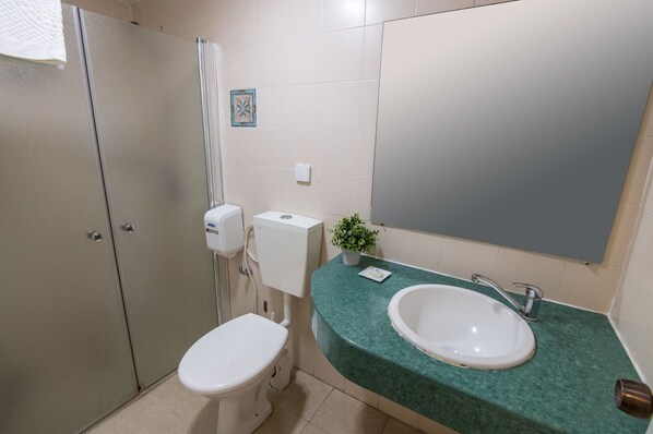 A bathroom with a toilet, sink, and mirror. - Degania B Country lodging (Emek HaYarden)