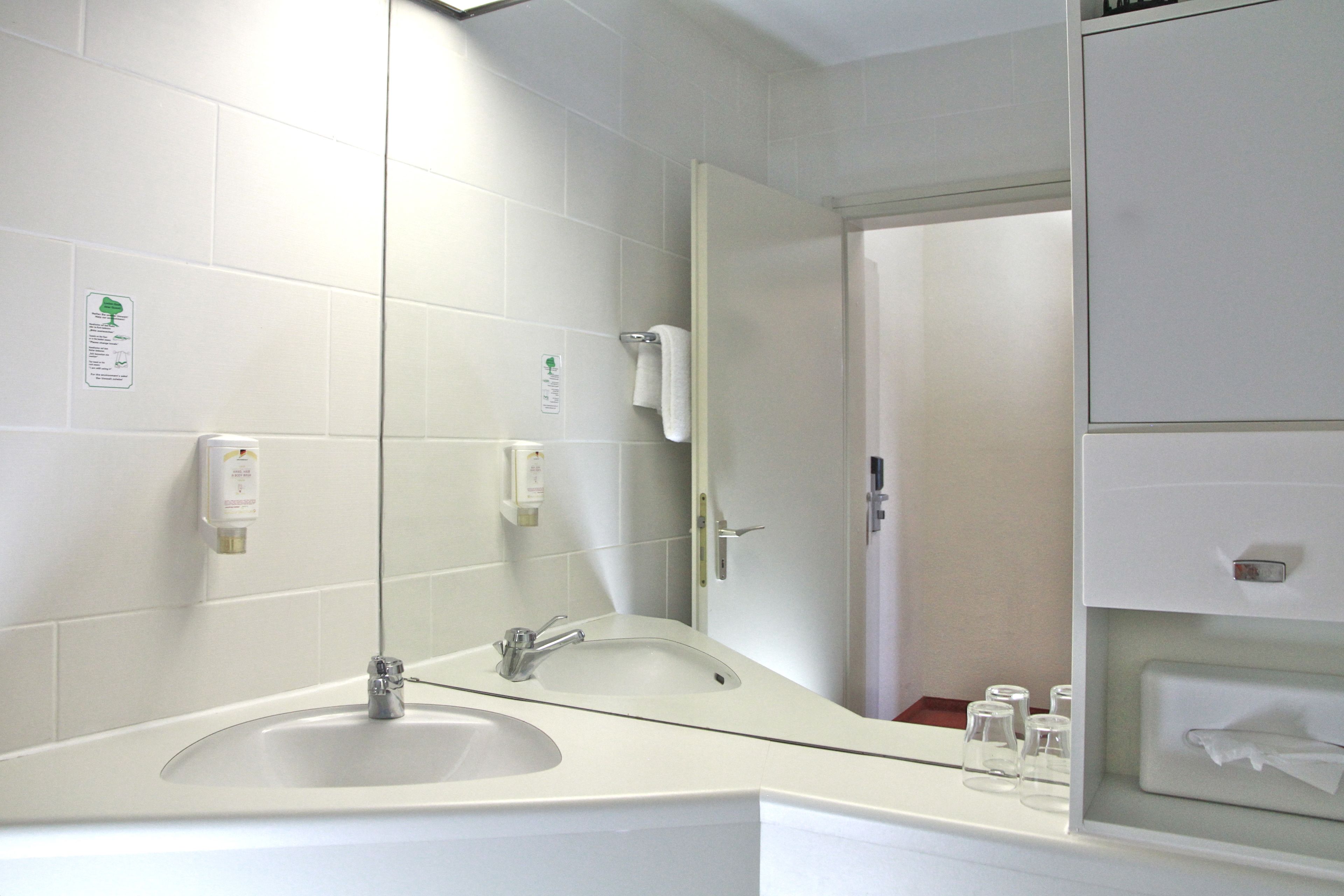 A bathroom with two sinks, a large mirror, and a towel rack.
