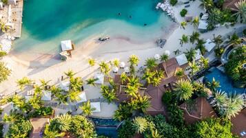 An aerial view of a resort with a beach, palm trees, and a swimming pool.