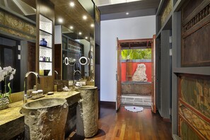 A bathroom with a stone sink, two mirrors, and a wooden door leading to a garden.