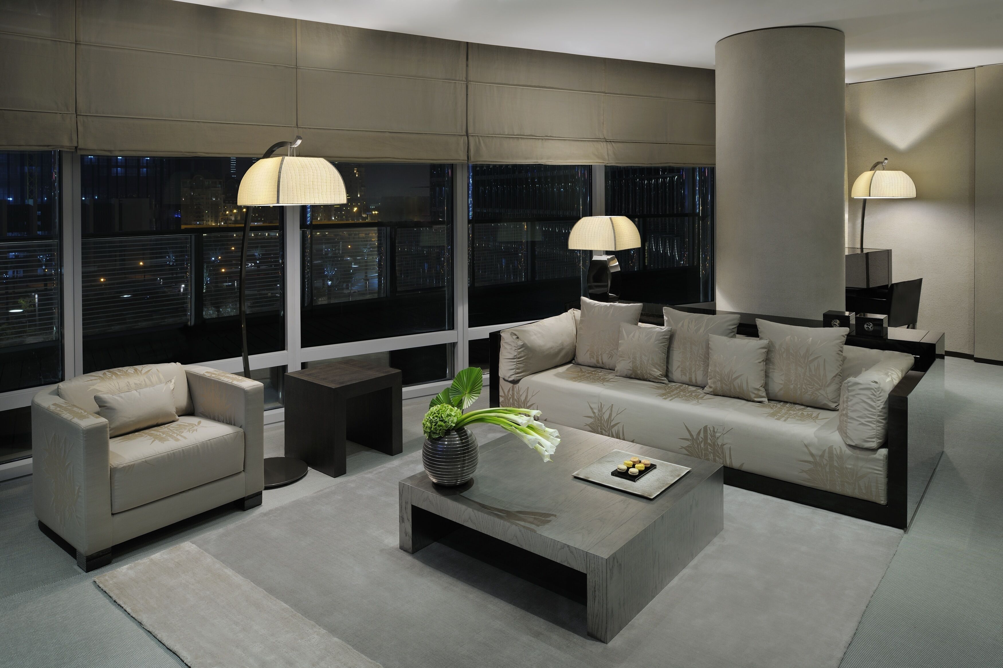 armani ambassador suite with balcony | living area | 62-inch plasma tv with cable channels, tv, dvd player