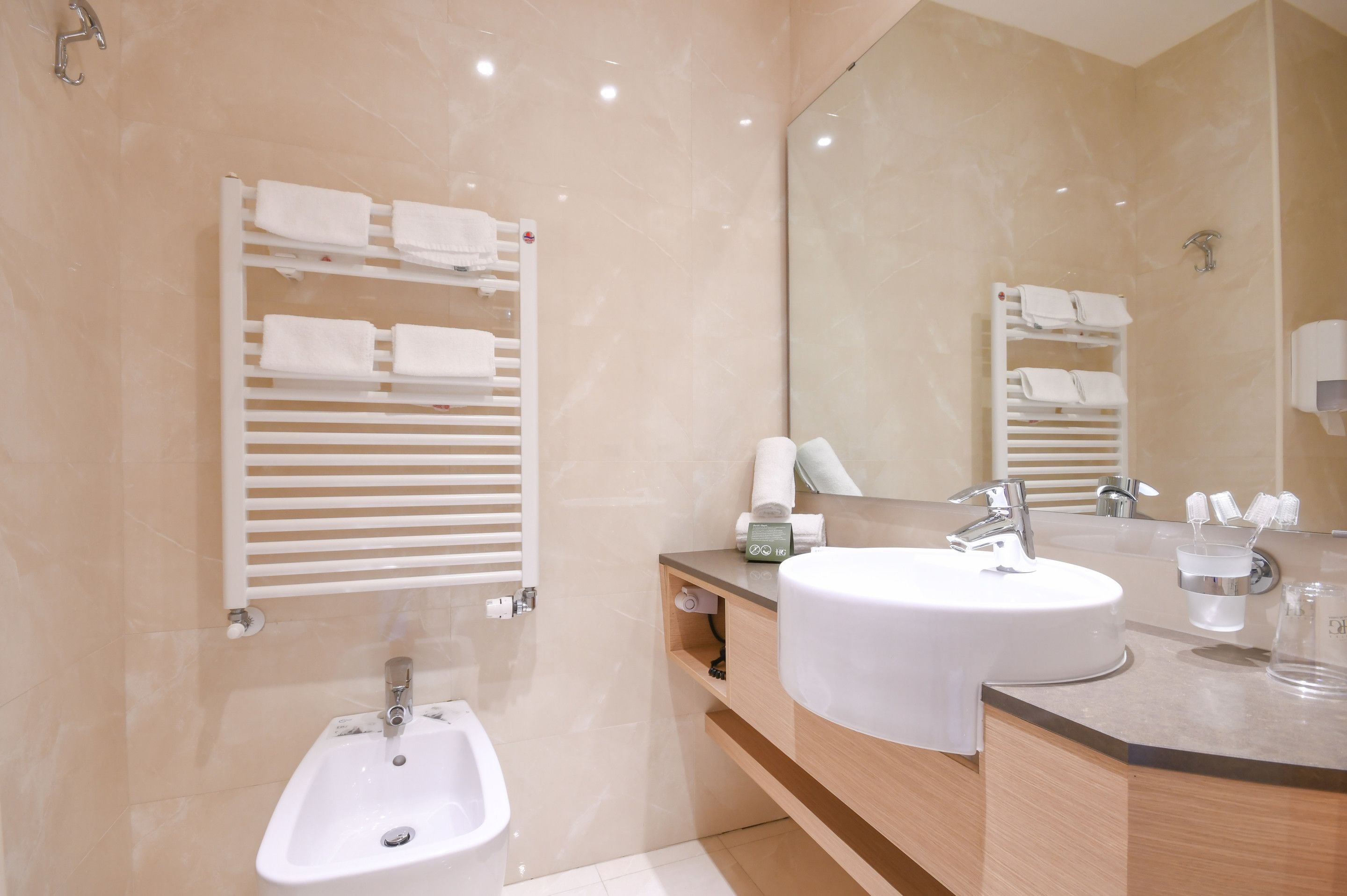 hair dryer, bidet, towels