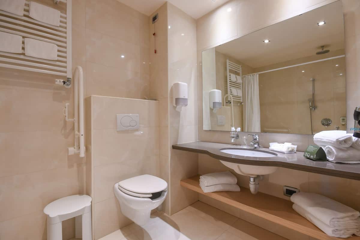 hair dryer, bidet, towels