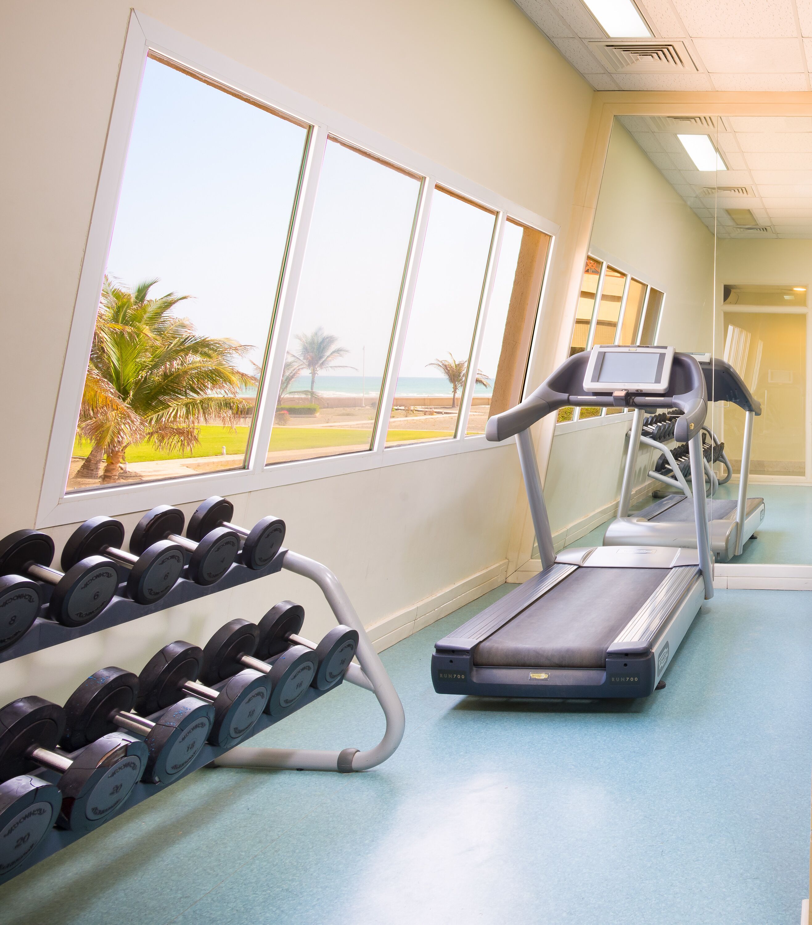 A gym with a treadmill, dumbbells, and large windows overlooking a beach.
