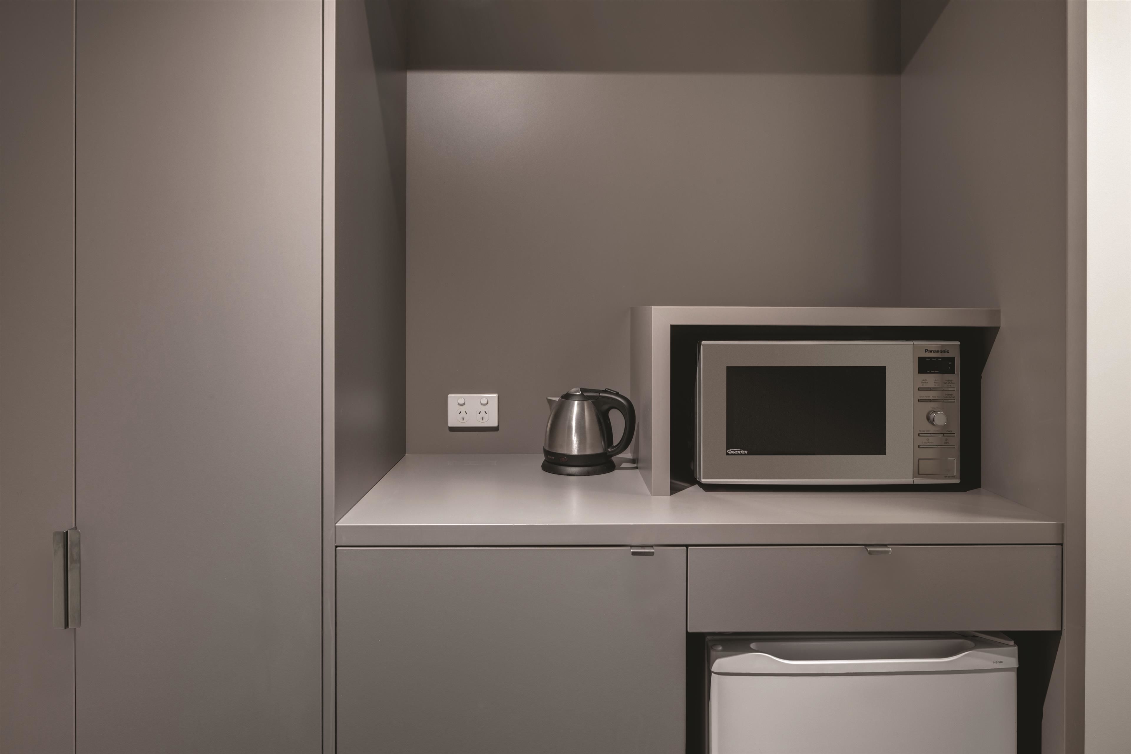 fridge, microwave, coffee/tea maker, electric kettle