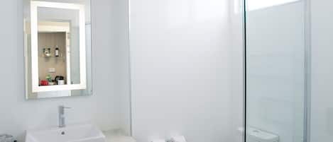 A modern bathroom with a glass shower enclosure, a white sink, and a mirror.