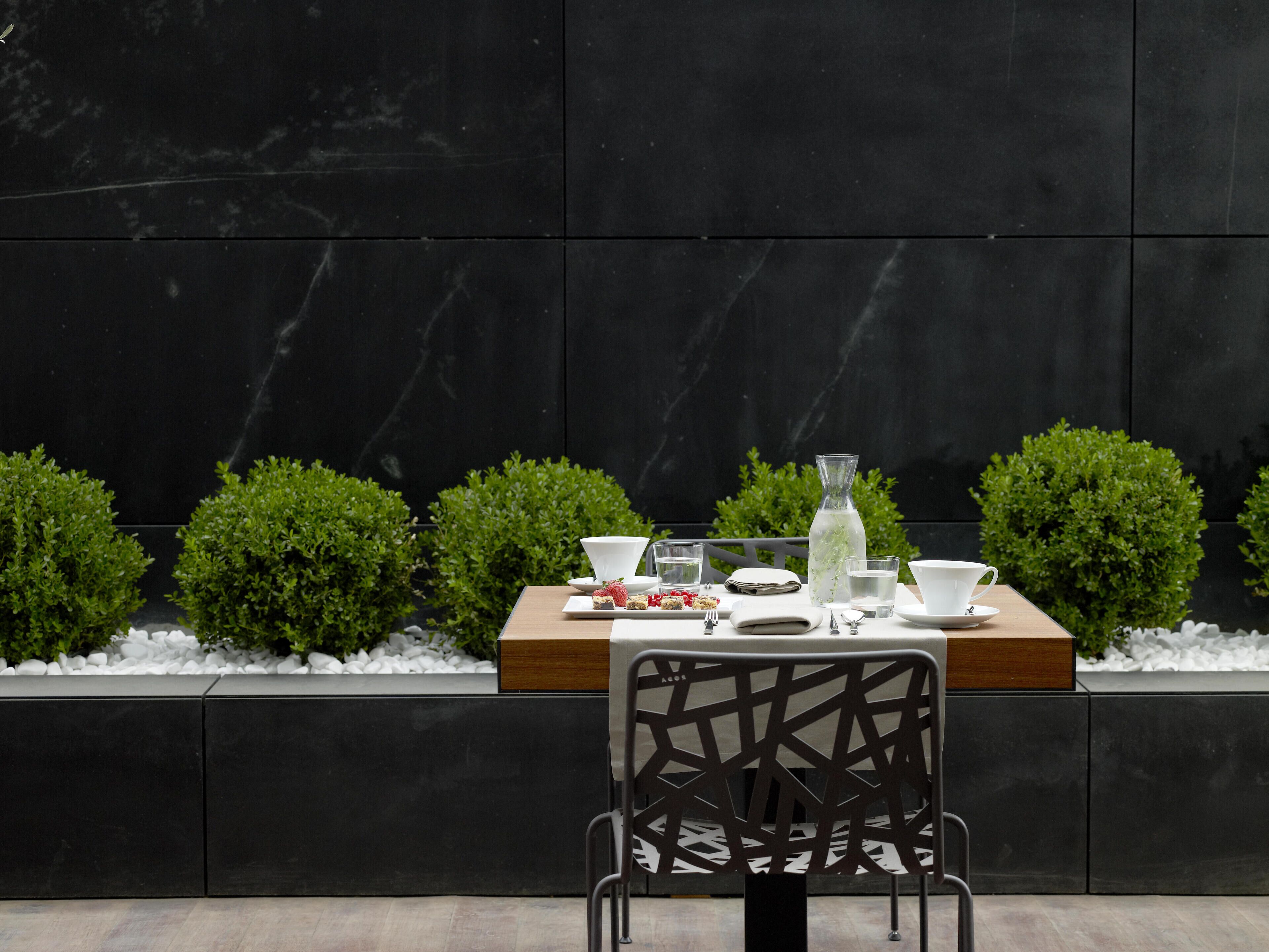 A dining table set with plates, cups, and a bottle, surrounded by chairs and plants against a black wall.