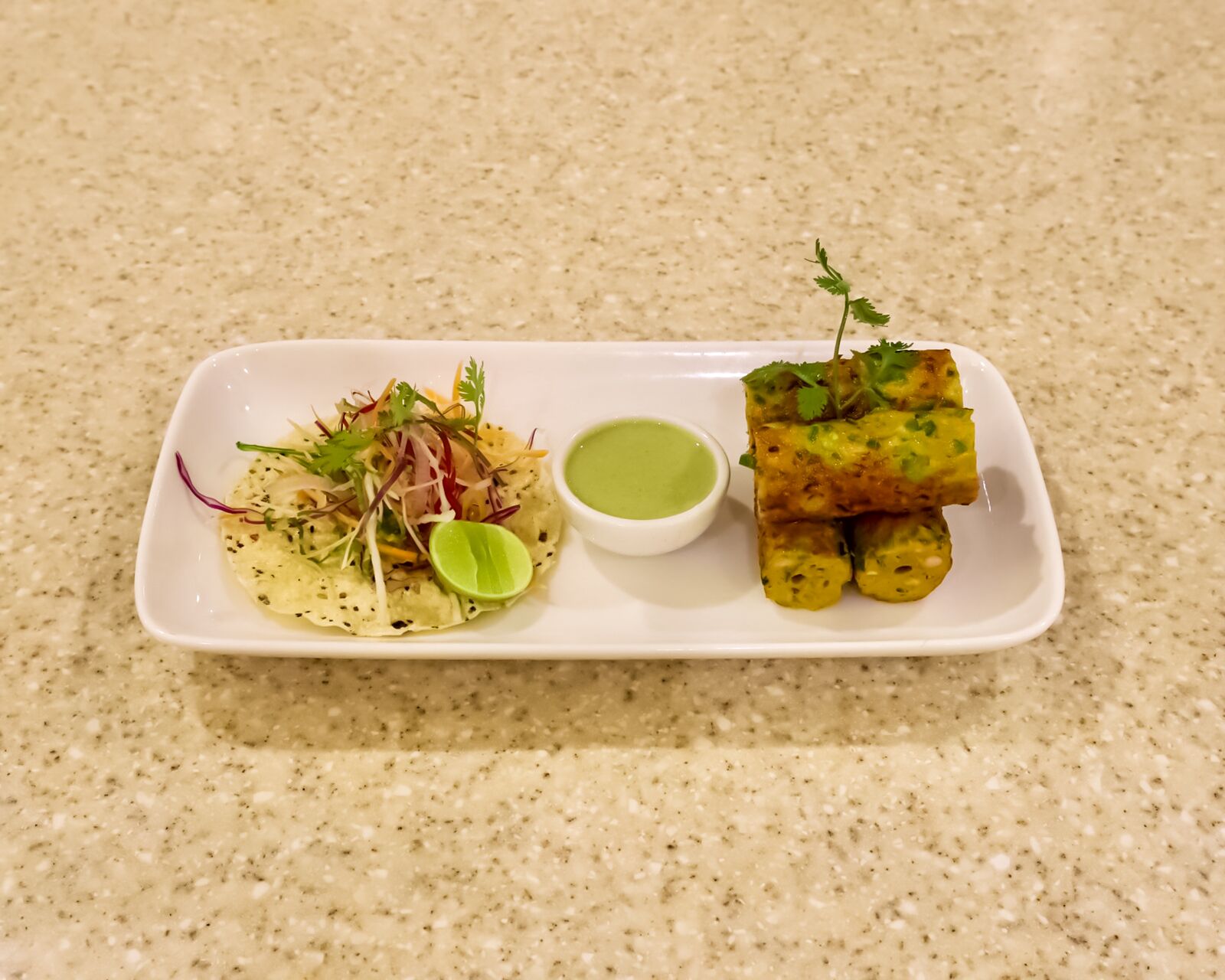 Un plato rectangular blanco con ensalada, salsa verde y una porción de comida frita.