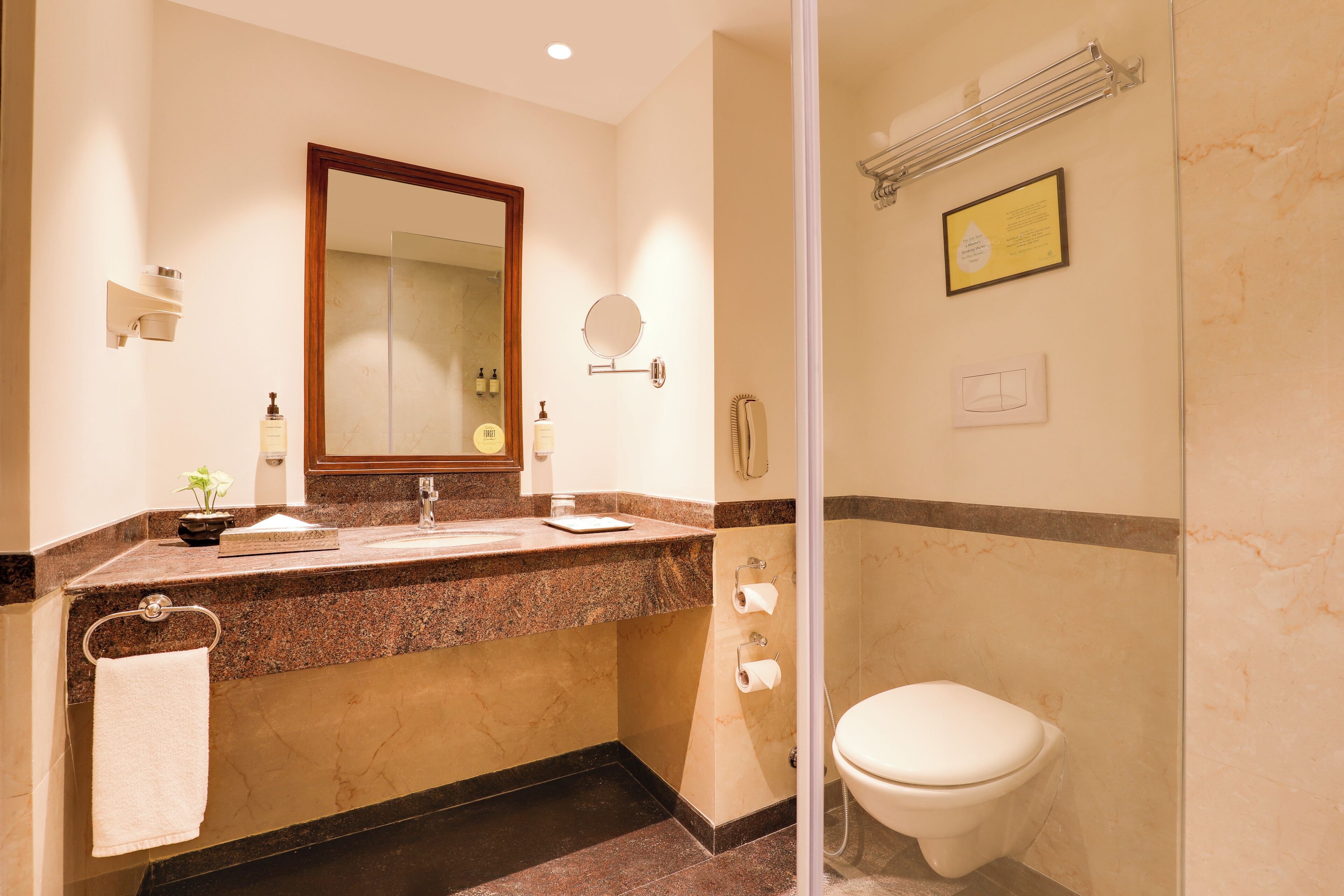 A modern bathroom with a granite countertop, a large mirror, a toilet, and a shower area.