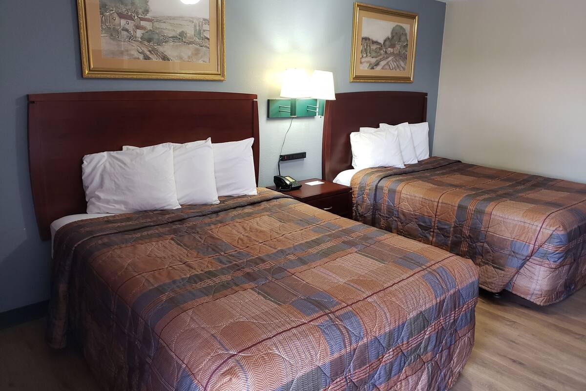 A hotel room with two beds, each with a brown quilted bedspread, white pillows, and a wooden headboard. There are two framed paintings on the wall, a green wall-mounted lamp, and a nightstand with a phone and a lamp.