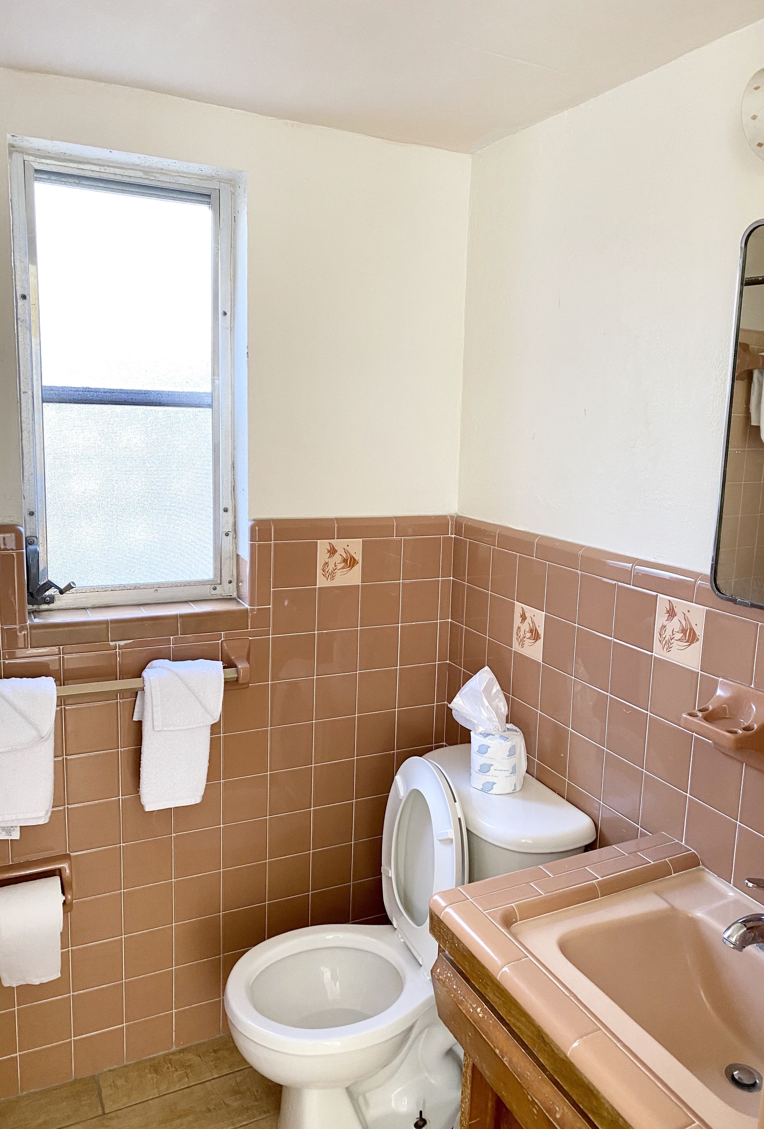 Une salle de bain avec deux toilettes, un lavabo et une fenêtre.