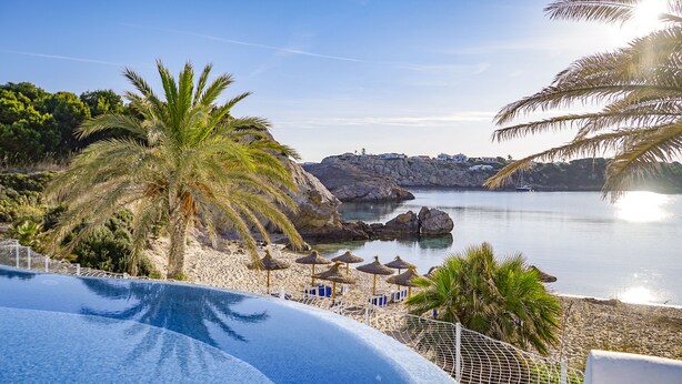 A poolside view with a clear view of the sea, a rocky coastline, and a palm tree. - White Sands Beach Club (Mercadal)