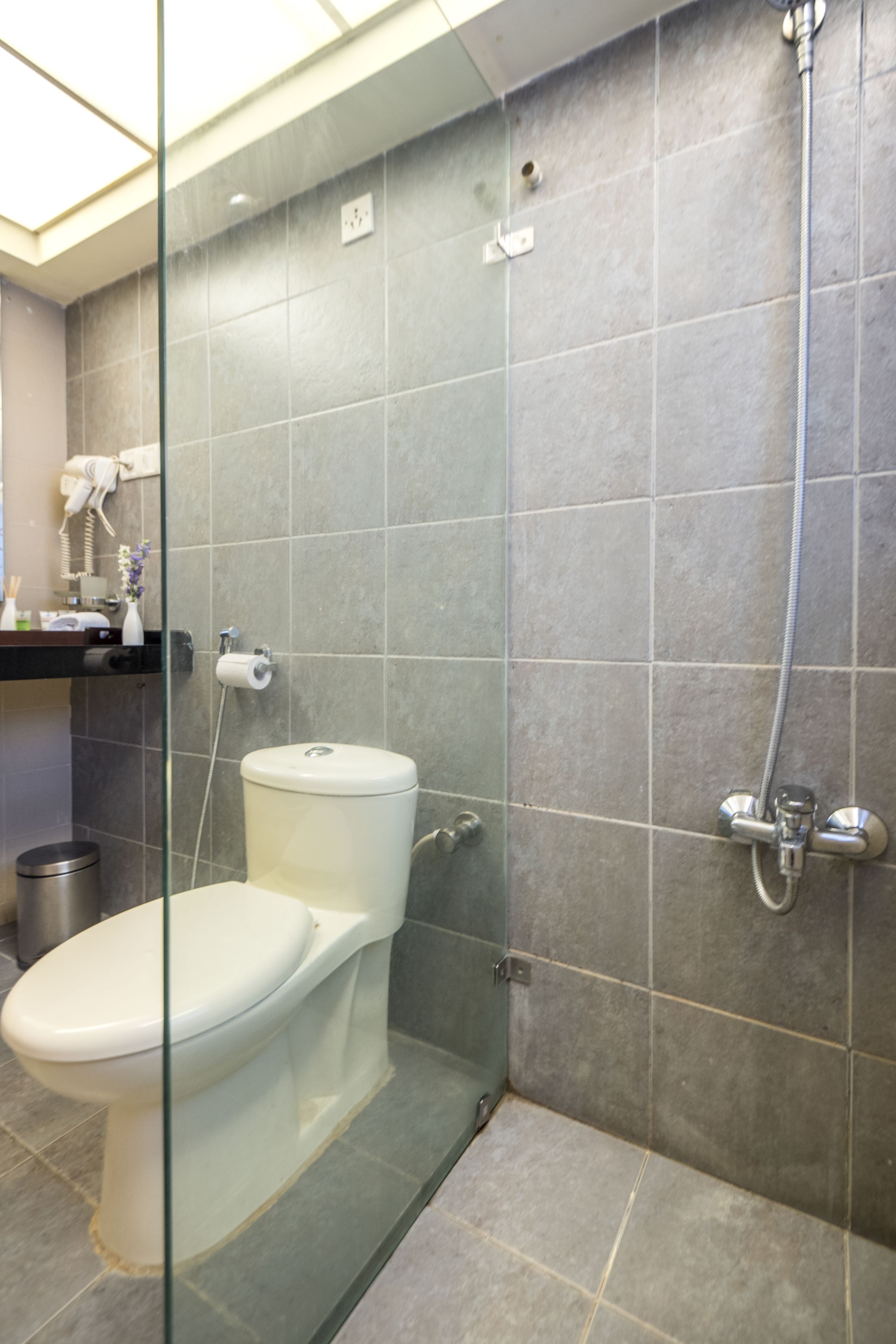 A modern bathroom with a glass-enclosed shower, a toilet, and a sink.