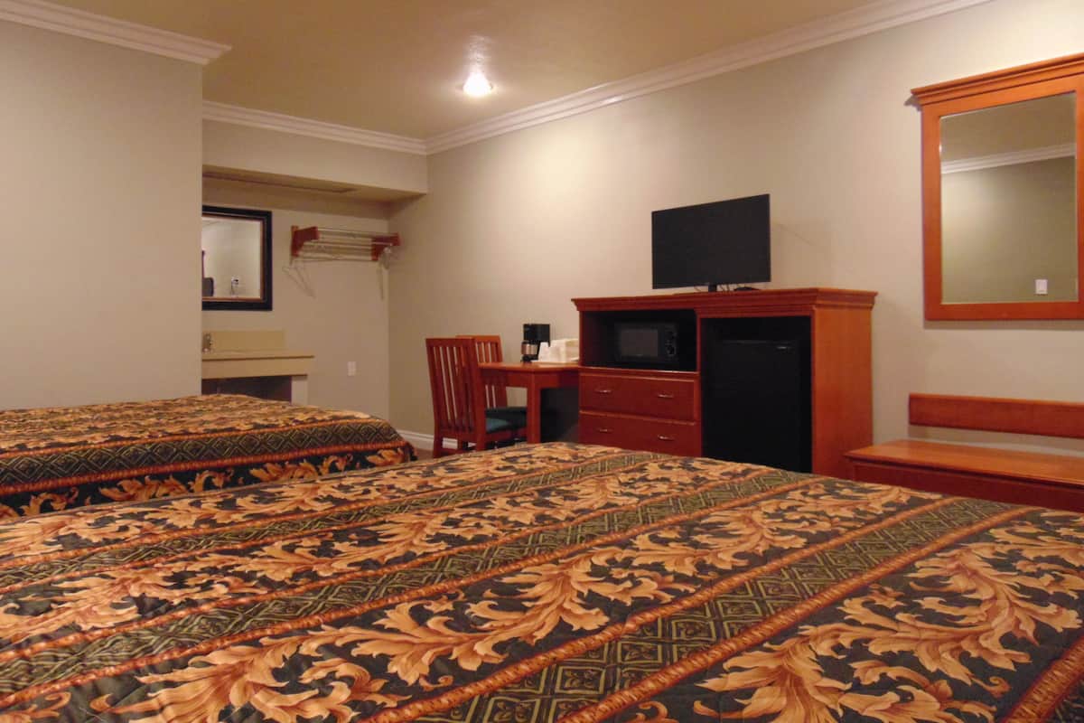 A hotel room with two beds, a desk, a chair, a television, and a mirror.