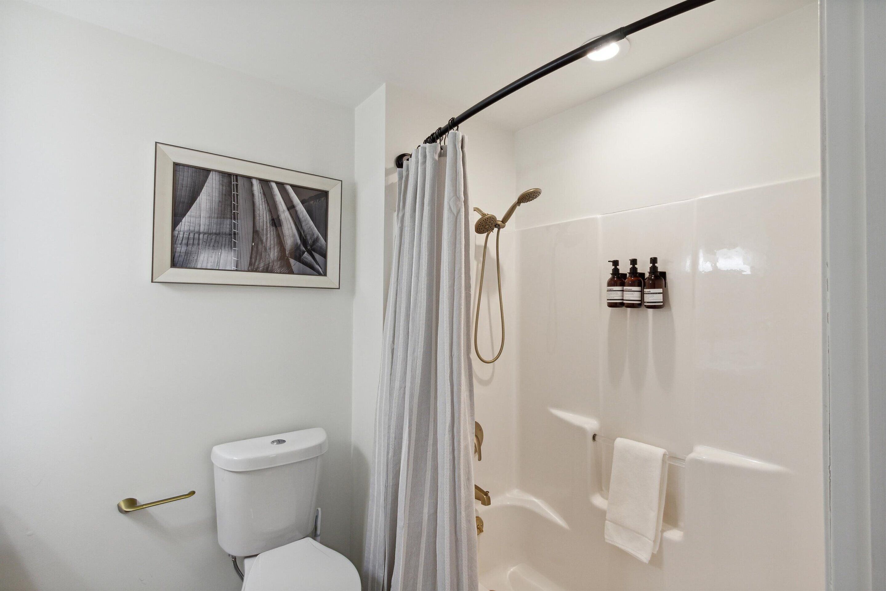 A modern bathroom with a toilet, a shower with a glass door, and a framed picture on the wall.