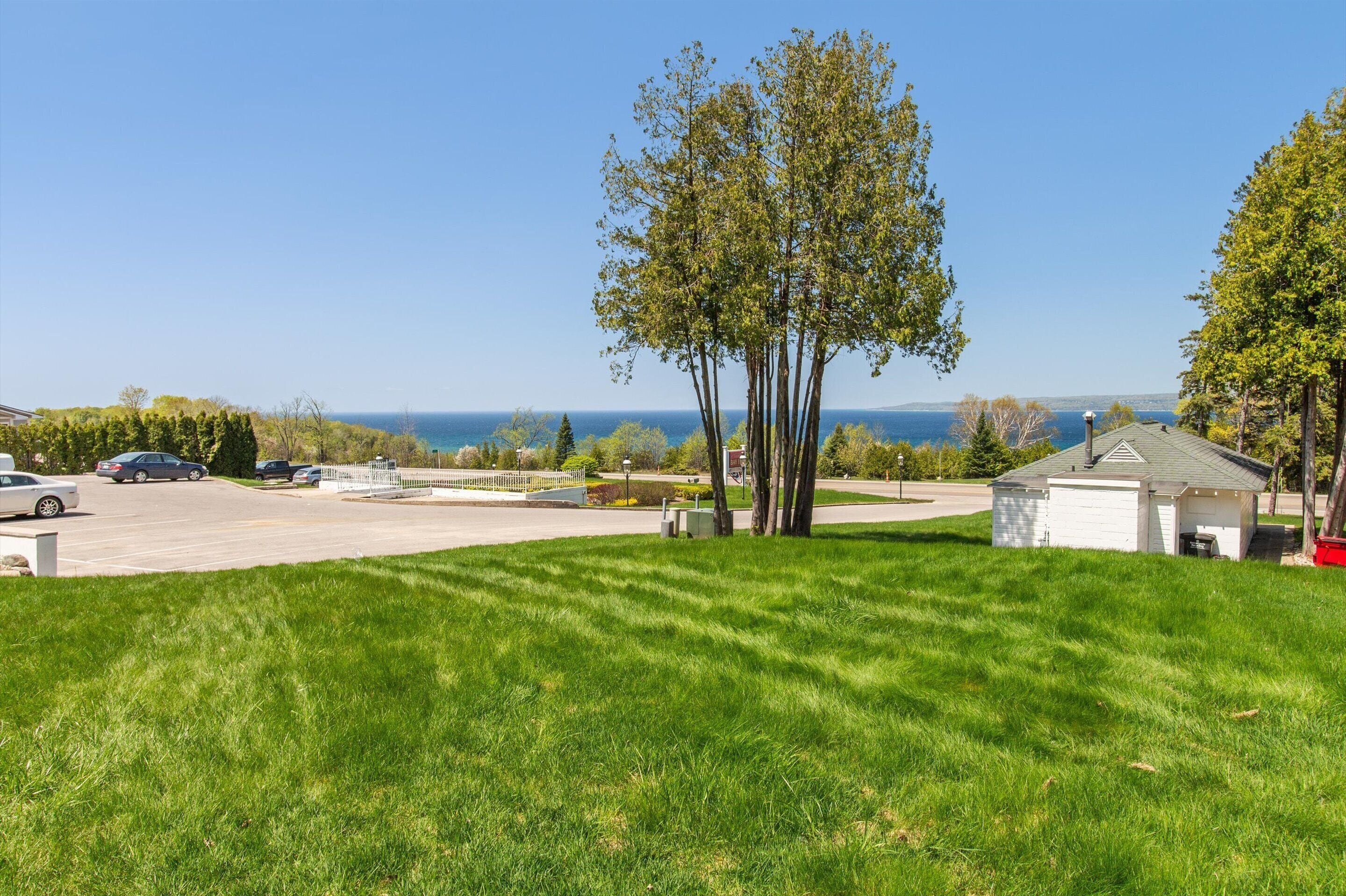 A grassy area with a small white building and a tree.