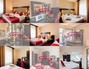 A hotel room with a bed, bedside table, and a desk area. - Hotel Savoy (Hamburg)