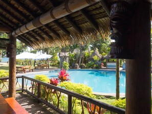 Outdoor pool, pool umbrellas, pool loungers