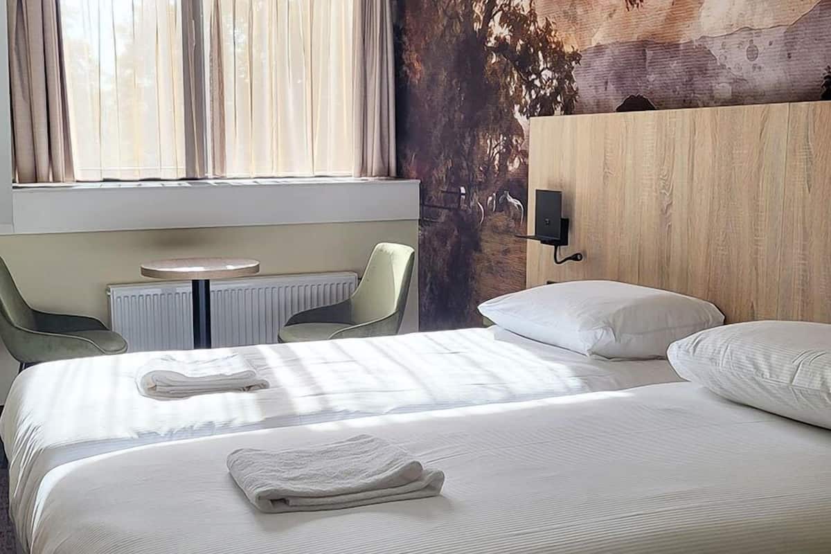Ein Hotelzimmer mit Bett, zwei Stühlen, einem kleinen Tisch und einem Heizkörper.