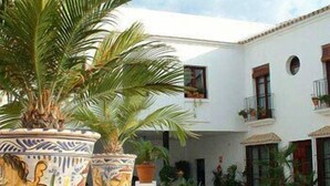 A courtyard with potted plants and a white building with balconies.