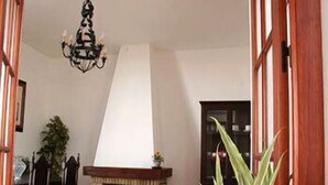 A room with a fireplace, a chandelier, and a potted plant.