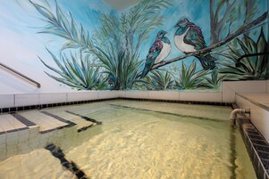 Outdoor pool, pool umbrellas, pool loungers