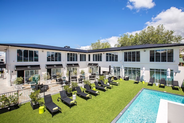 Outdoor pool, pool umbrellas, pool loungers