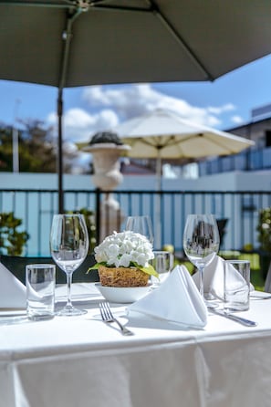 Outdoor pool, pool umbrellas, pool loungers