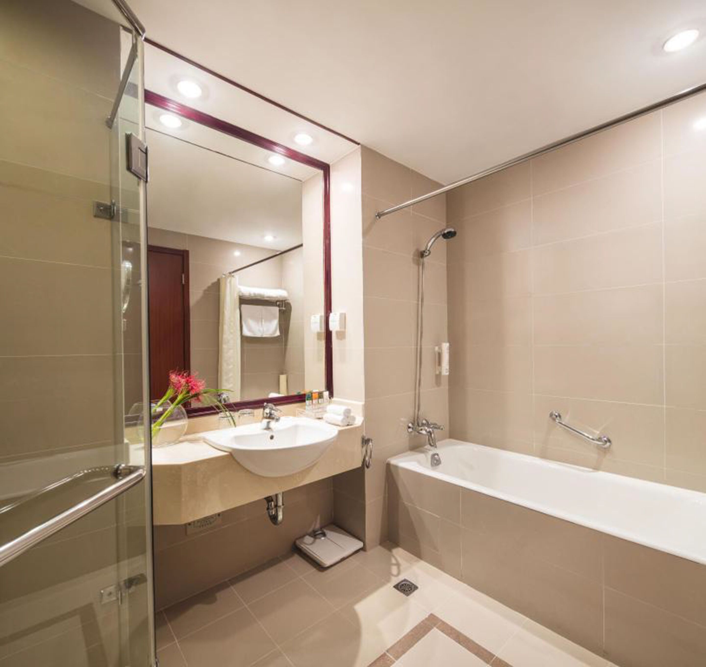 separate bathtub and shower, hair dryer, dressing gowns, towels