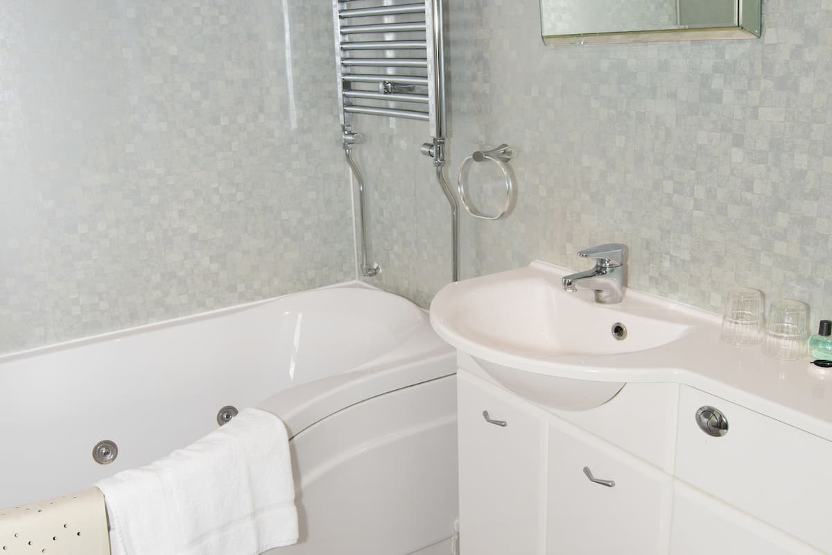 combined shower/bathtub, free toiletries, hair dryer, towels