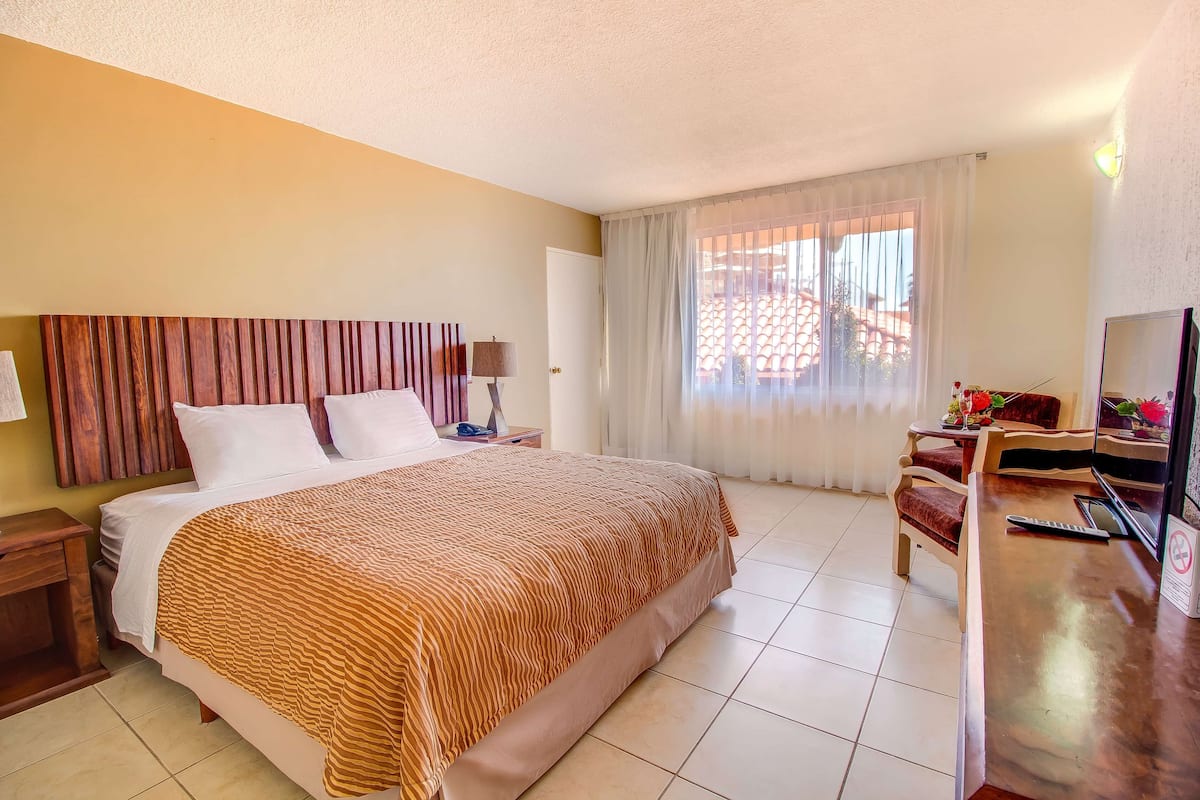 A hotel room with a large bed, a wooden headboard, a bedside table with a lamp, a TV, and a view of the outside through a window with sheer curtains.