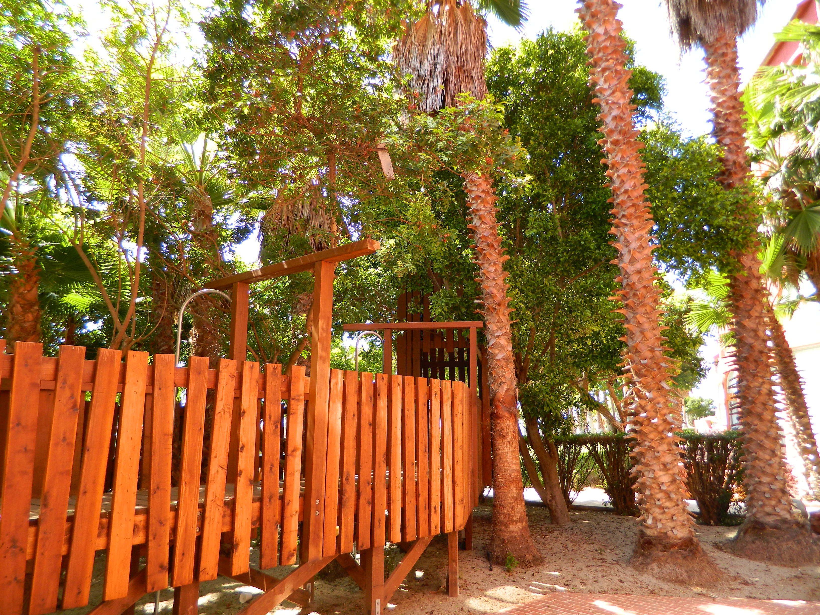 A wooden deck with a metal railing, surrounded by palm trees and other greenery.