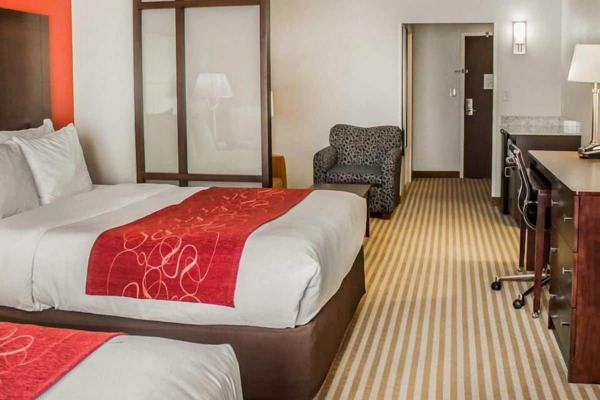 Premium bedding, pillowtop beds, desk, laptop workspace