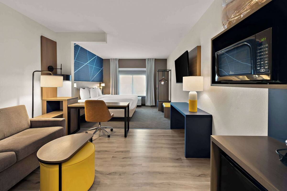 A hotel room with a bed, a desk, a chair, a sofa, a microwave, and a television.
