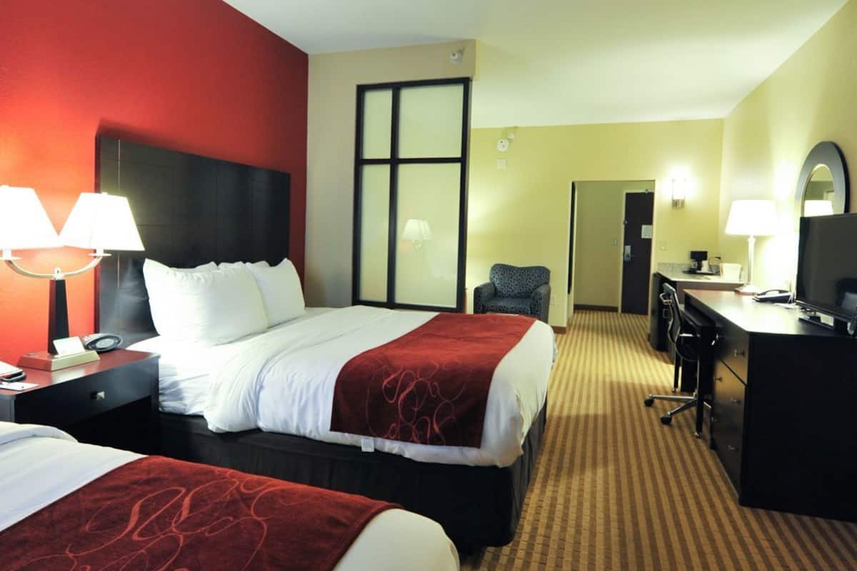 Premium bedding, pillowtop beds, desk, laptop workspace