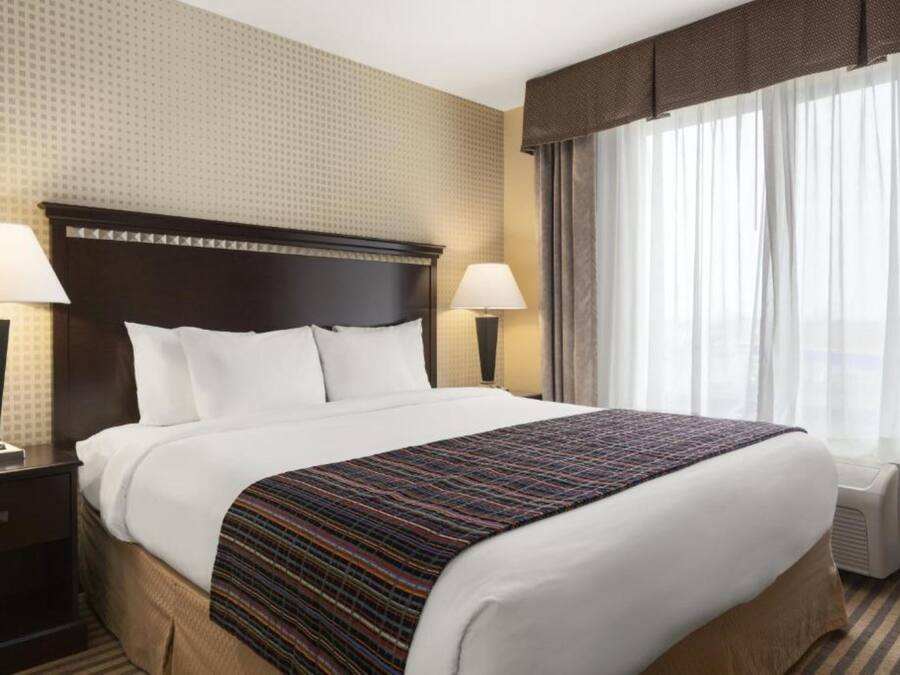 A hotel room with a large bed, two bedside lamps, a window with curtains, and a patterned wall.