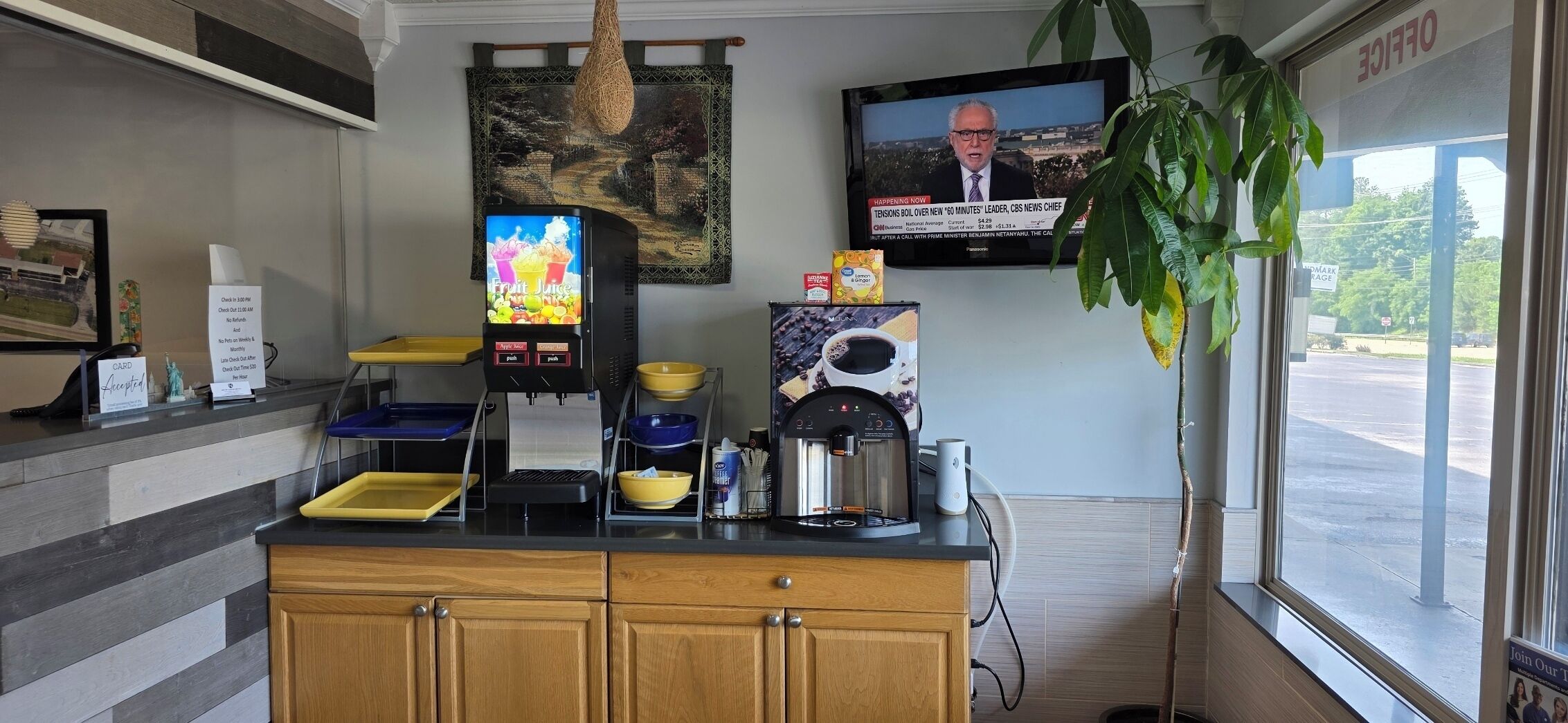 Un comptoir de café avec une machine à café, un téléviseur diffusant un bulletin d’information et une plante.