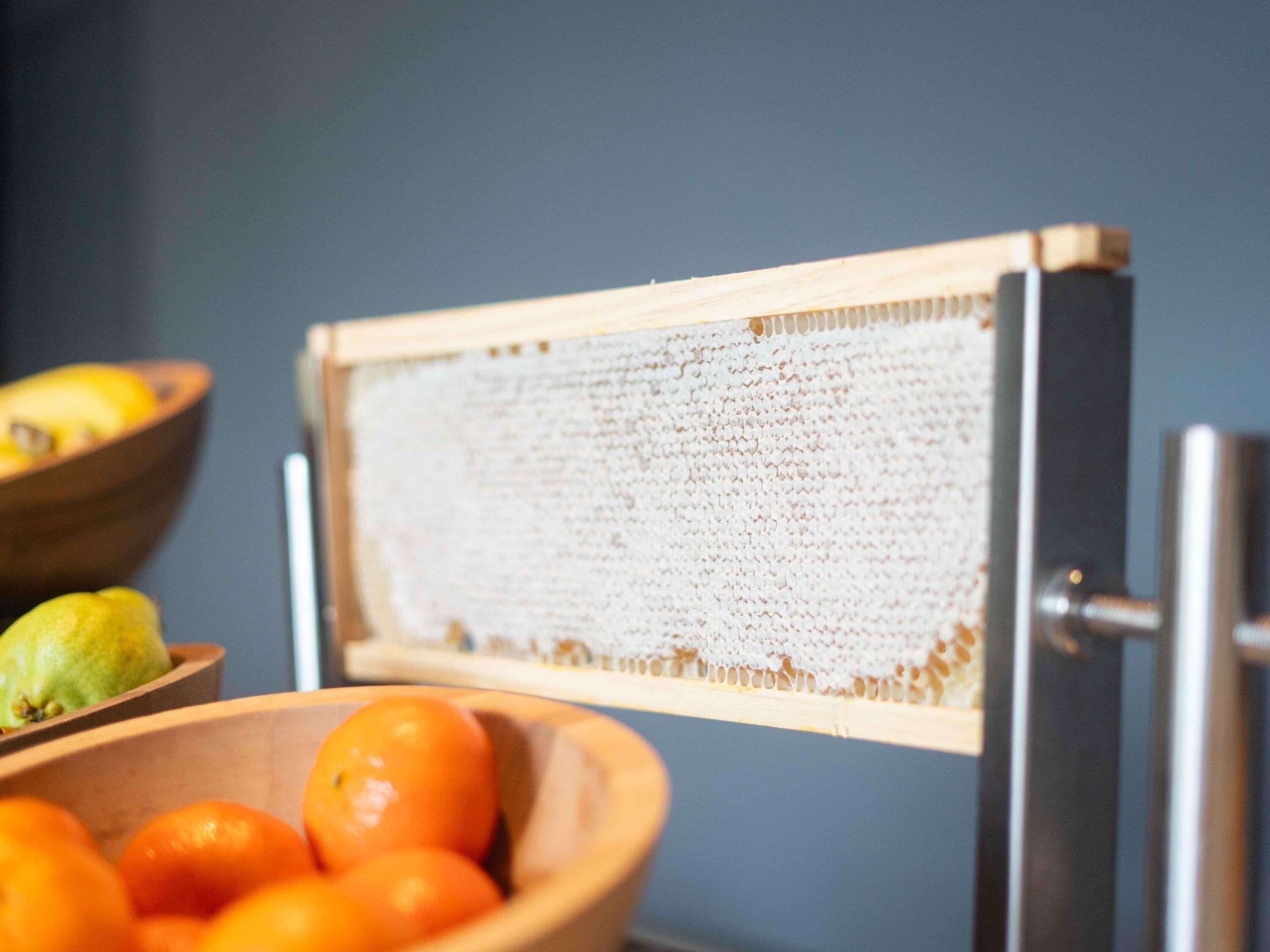 A honeycomb frame with a wooden bowl containing oranges in the foreground.