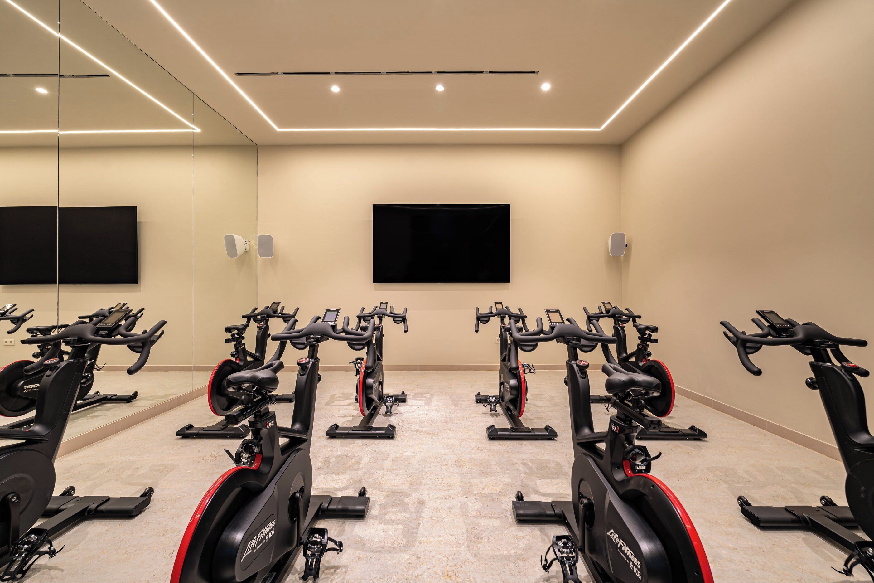 Un gimnasio con varias bicicletas estáticas, un espejo grande y un televisor en la pared.