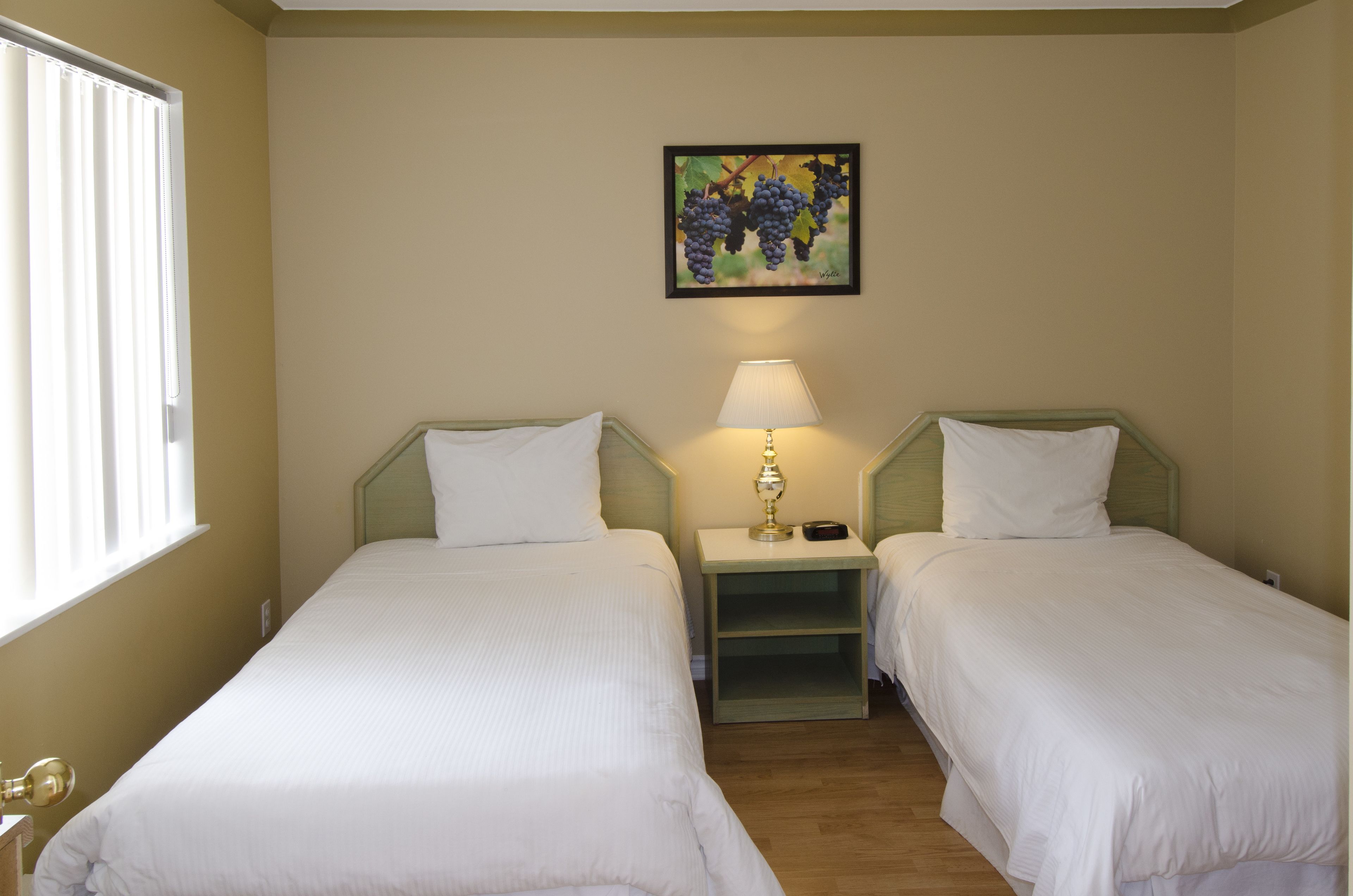 Una habitación de hotel con dos camas individuales, una mesita de noche con una lámpara, un cuadro de uvas en la pared y una ventana con persianas.