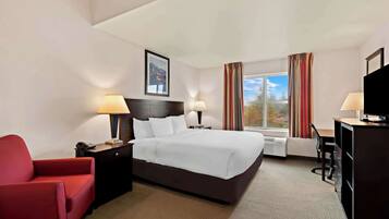 Desk, laptop workspace, blackout curtains, iron/ironing board