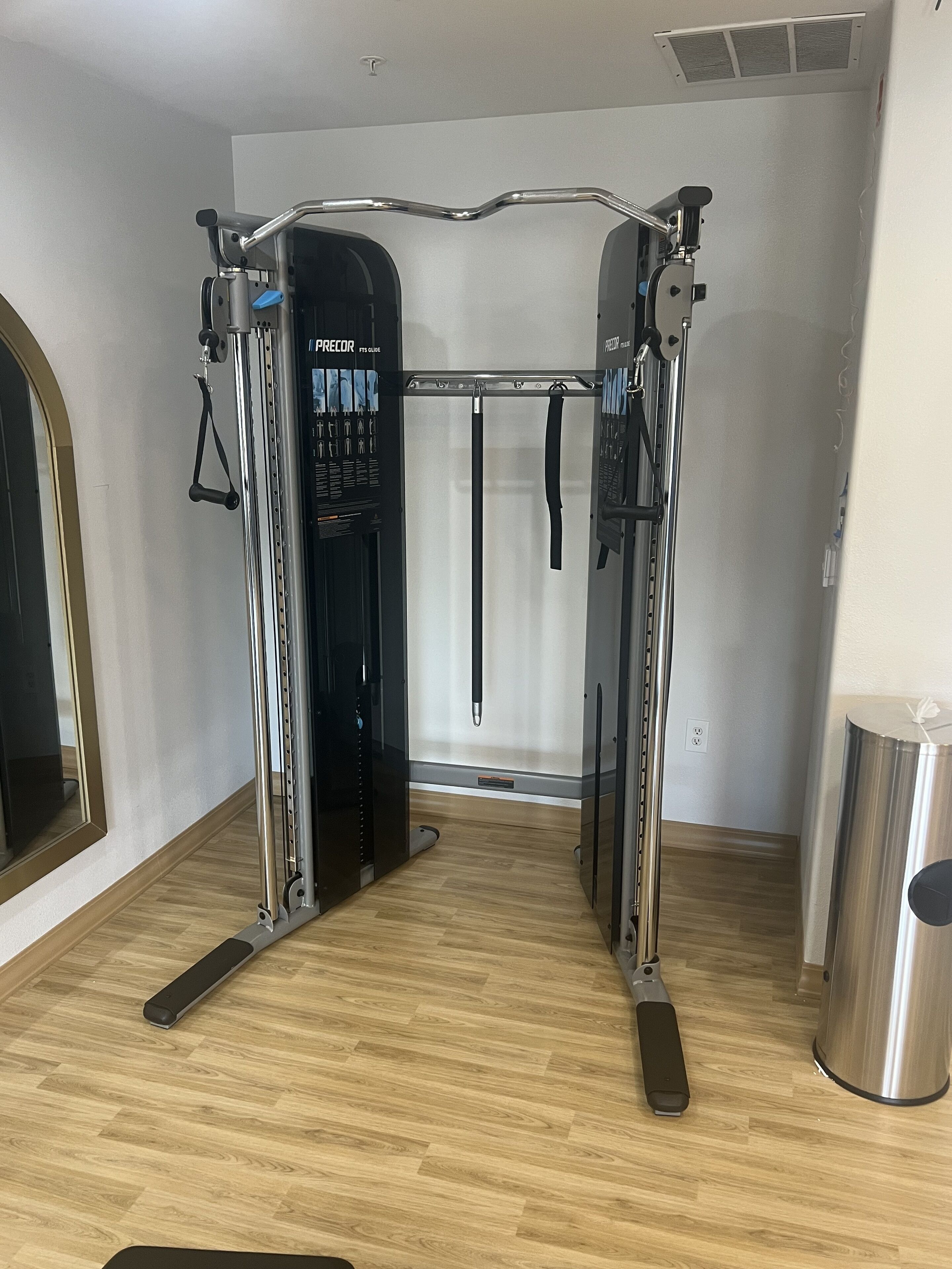A pull-up bar in a room with wooden flooring and a large mirror on one wall.