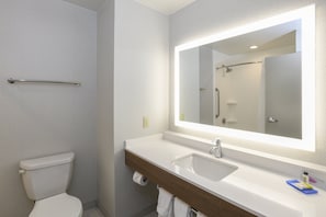 A bathroom with a toilet, a sink, a mirror, and a shower.