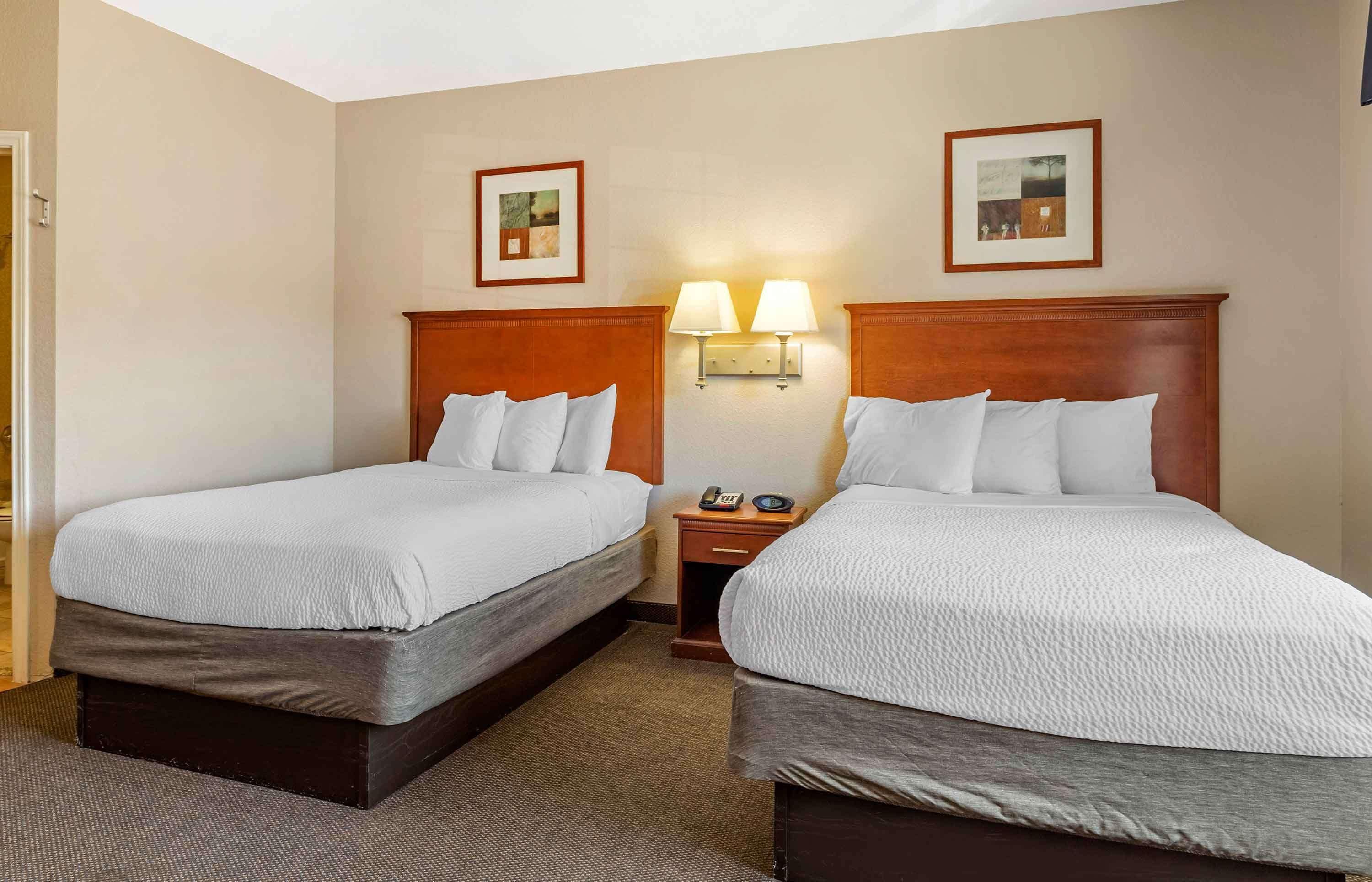 A hotel room with two beds, a nightstand with a lamp, and framed pictures on the wall.
