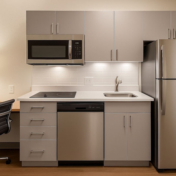 Geladeira grande, micro-ondas, cooktop, lava-louças