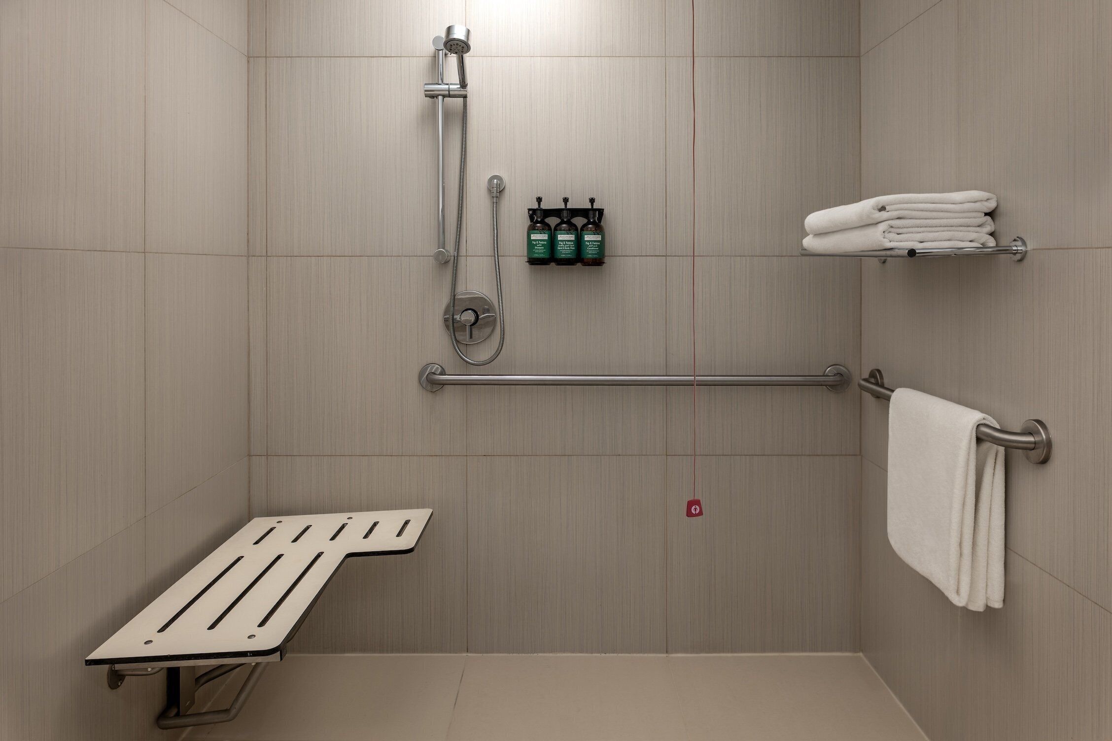 A modern bathroom with a shower, grab bar, towel rack, and a safety bar.