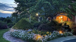 A garden with a brick pathway, flowering plants, and a fountain.