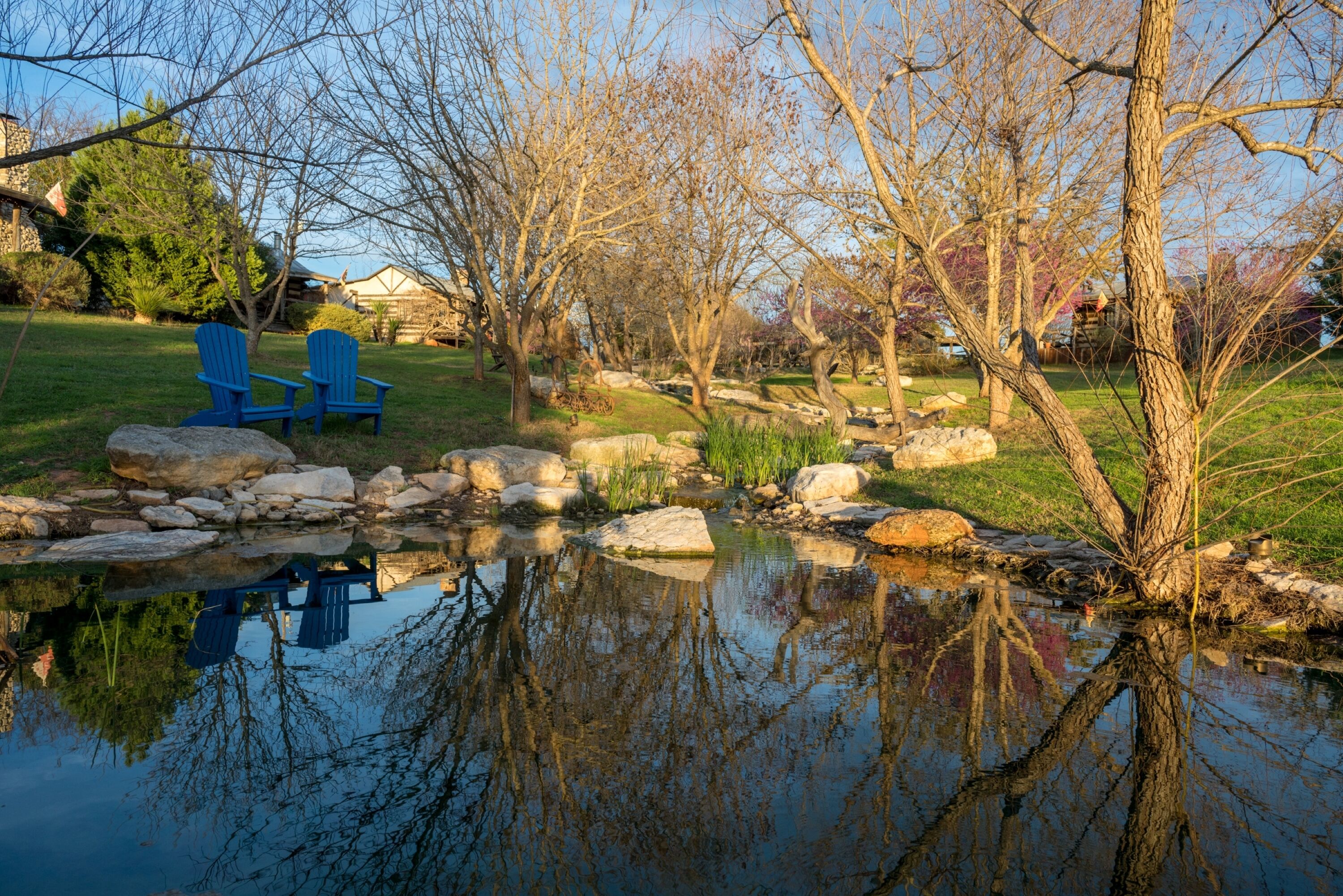 A pond with rocks and trees, two blue chairs, and a stone pathway.