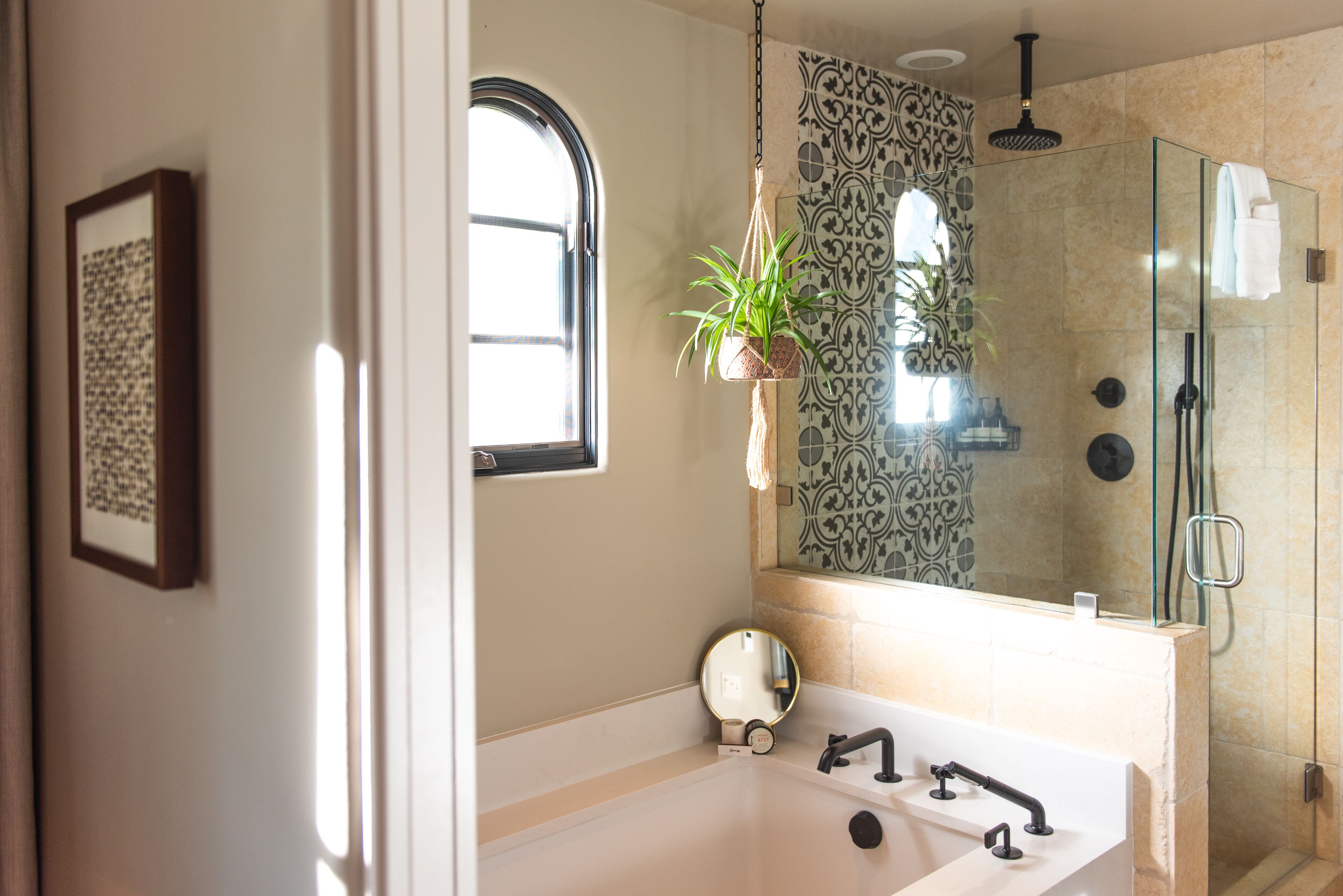 Une salle de bain moderne avec une grande baignoire, une douche à parois de verre et une plante suspendue.